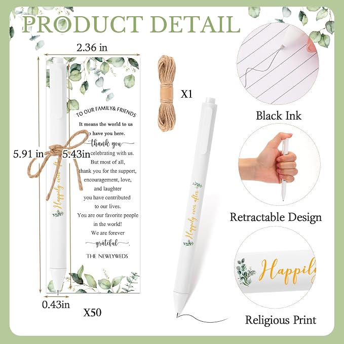 Tenceur 50 Sets Wedding Bridal Shower Pens for Guests with Thank You Cards and Twine Wedding Reception Party Favors Retractable Ballpoint Pens Bulk Black Ink for Proposal Bachelor Party Supplies