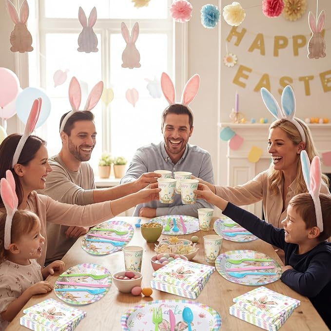 Pajean 350 Pcs Easter Plates Set Bunny Birthday Decorations with 12 Inch Disposable Pastel Easter Oval Plates and Napkins Eggs Heavy Duty Dinnerware for 50 Guests Picnic Spring Party Supplies