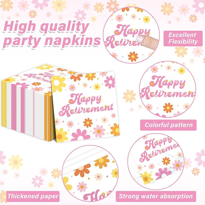 96Pcs Retirement Party Supplies Happy Retirement Plates and Napkins Colorful Daisy Flower Tableware Set Floral Disposable Dinnerware for Women Goodbye Going Away Farewell Party Decorations 24 Guests