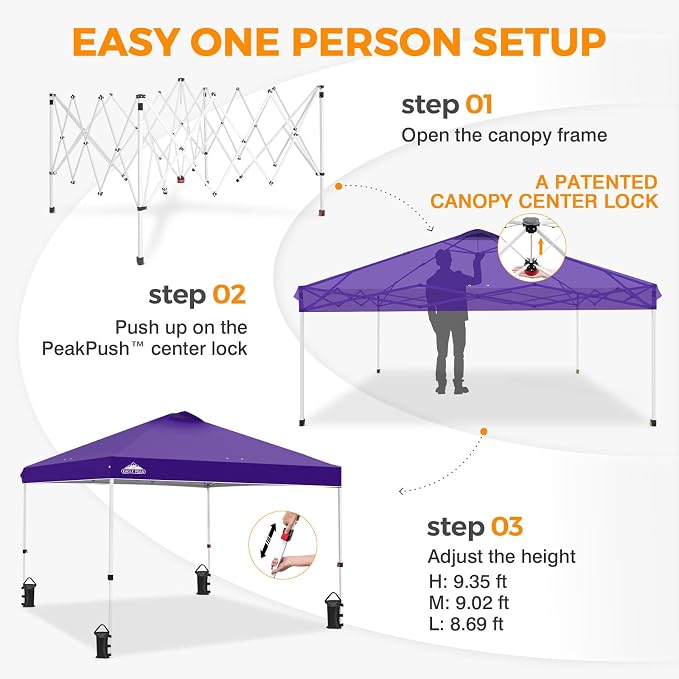 EAGLE PEAK Pop Up Canopy Tent with Wheeled Carry Bag, 8 Stakes, 4 Ropes, 4 Weight Bags, Easy Set Up Tent Canopy, 10x10 ft, 100sqft of Shade, Purple