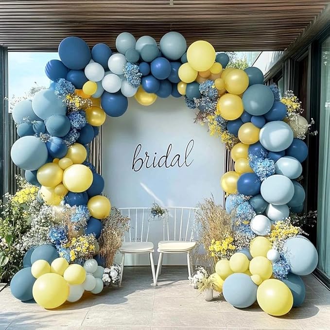Dusty Blue Yellow Balloon Arch Kit Double Stuffed Dark Pastel Blue Light Yellow Pearl Balloon Garland for Birthday Bridal Wedding Baby Shower Lemon Valentines Party Decoration