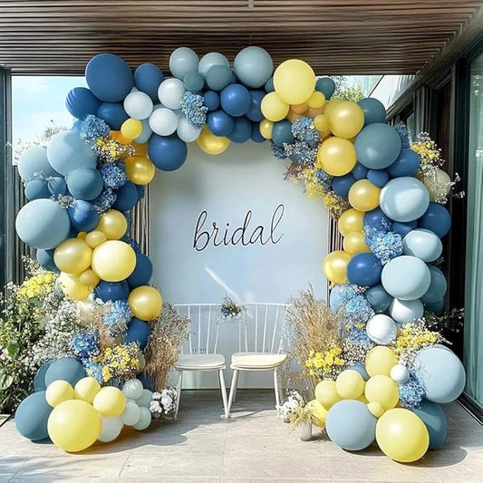 Dusty Blue Yellow Balloon Arch Kit Double Stuffed Dark Pastel Blue Light Yellow Pearl Balloon Garland for Birthday Bridal Wedding Baby Shower Lemon Valentines Party Decoration