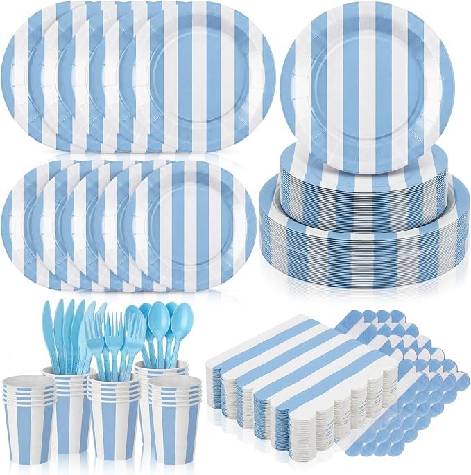 Mimorou 175 Pcs Blue and White Striped Paper Plates and Napkins for 25 Guests, Blue Striped Disposable Tableware Set Plates Cup Napkins Spoon Fork Knife for Baby Shower Birthday Party Supplies