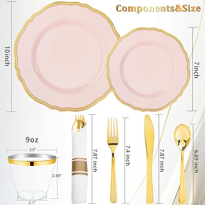 Hioasis 175pcs Pink and Gold Plastic Plates - Pink Plastic Dinnerware Set Includes 25 Dinner Plates, 25 Dessert Dinnerware, 25 Cups, 25 Napkins Perfect for Wedding & Easter & Mother’s Day