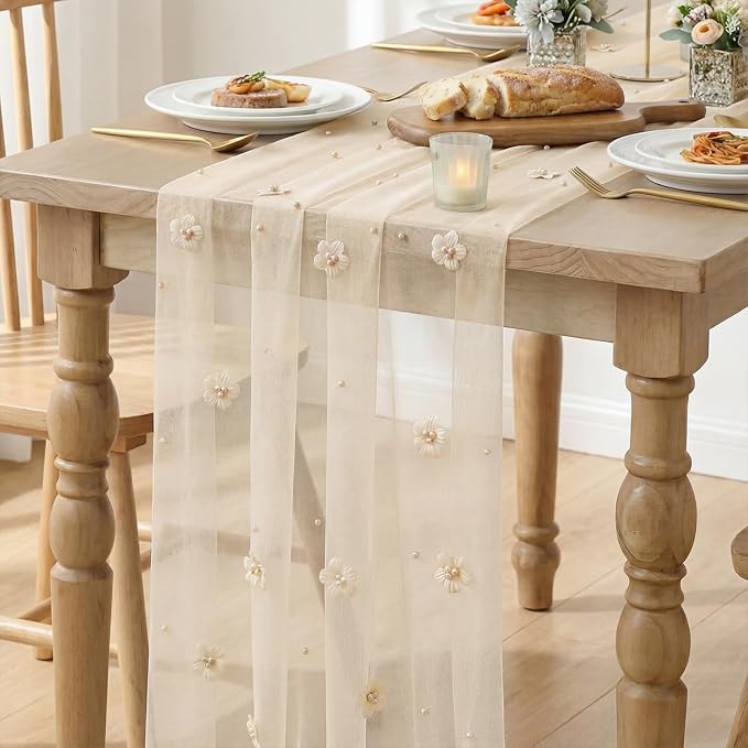 Artoid Mode Flower Pearl Champagne Gauze Table Runner 10FT 6PC, Seasonal Sheer Dining Holiday Wedding Birthday Baby Shower Table Decor for Home Party