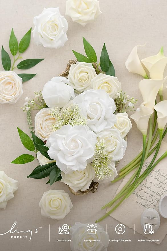 Ling's moment Fake Flowers Box, Faux Artificial Greenery Stems Foam Roses Silk Peony Willow Lily Fabic Flower for Centerpieces Bouquet Wedding Vase Floral Decorations, White & Green, Deluxe Combo