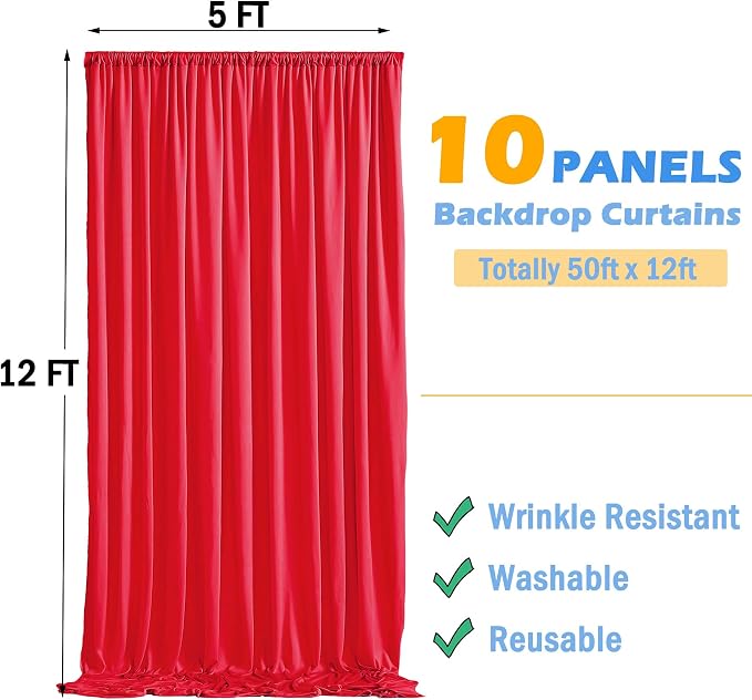 50ft x 12ft Wrinkle Free Red Backdrop Curtains for Parties, 10 Panels 12FT Long Photo Backdrop Drapes Silky Back Drop Cloth for Wedding Birthday Photography Background Decor