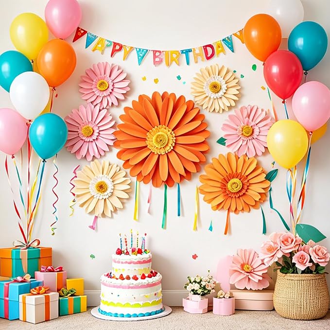 Daisy Paper Flowers Wall Decor 3D Orange Pink Large Flowers Bulletin Board Decoration Spring Garden Groovy Birthday Decorations for Women Girls Baby Shower Classroom Office Boho Nursery Wall Decor