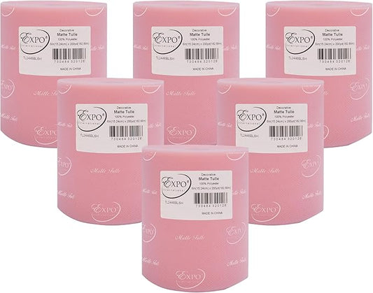 Expo International Decorative Matte Tulle, Roll/Spool of 6” X 200 Yards, Lightweight Polyester Tulle Fabric for Tutus, Costumes, and Party Decorations, Washable, Easy-to-Use, Pack of 6, Blush Pink