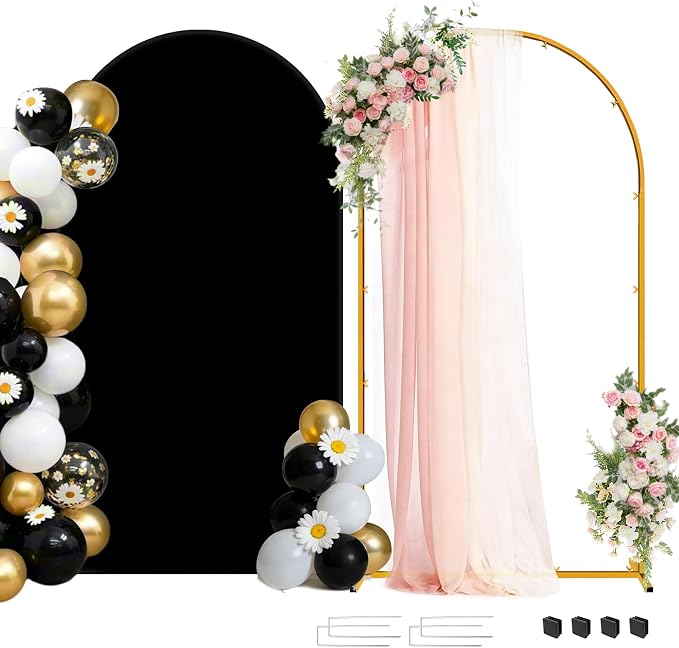 Metal Arch Backdrop Stand and Cover Set, 7.2FT Gold Wedding Backdrop Arch Frame Stand with Cover, Balloon Arch Stand with Black Arch Cover for Party Birthday Baby Shower Graduation Decorations