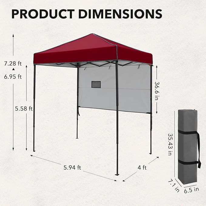 6x4 Pop Up Canopy Tent with Half Wall Panel, Instant Portable Beach Canopy, Outdoor Tent with Carry Bag for Camping, Sports, Tailgating, Events, Burgundy