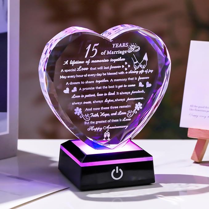 15th Wedding Anniversary Crystal Gifts for Couples with Colorful LED Base,Happy 15th Wedding Anniversary Keepsake Gifts for Her Him, Romantic 15 Years of Marriage Heart Gift for Wife Husband