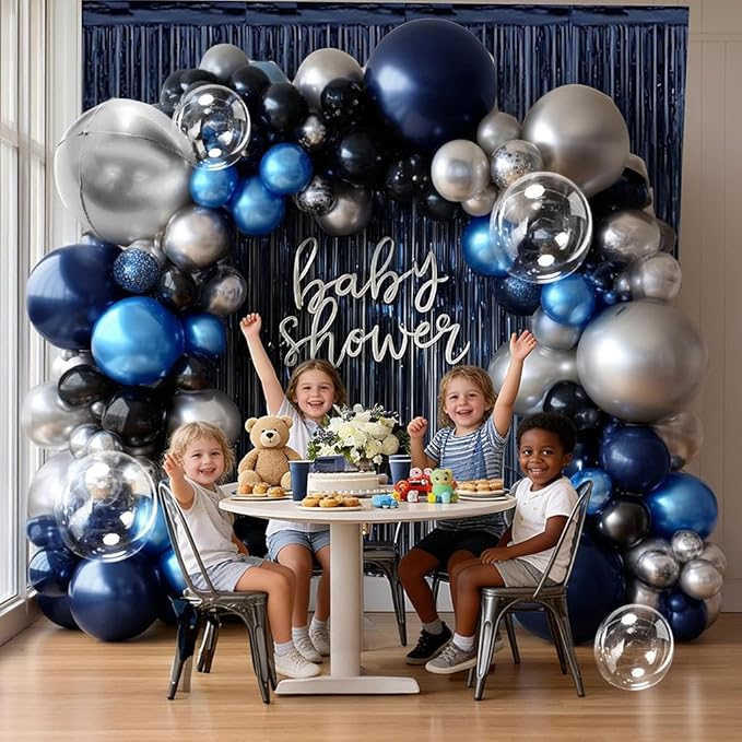 Navy Blue Black Balloon Arch Double Stuffed Dark Black Blue Silver Balloon Garland with Fringe Curtain Foil Balloons for Men Father's Birthday Baby Shower Graduation Anniversary Wedding Party Decor