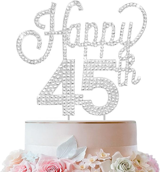 LINGTEER Happy 45th Birthday Silver Rhinestone Cake Topper - Cheers to 45th Birthday 45 Years Old Anniversary Party Cake Centerpieces Topper Decorations Gift Sign.