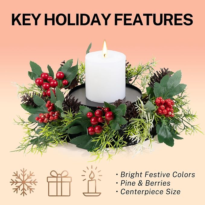 MOYEE Christmas Winter Centerpieces for Tables Candle Ring, Black Metal Candlestick with an Artificial Wreaths 14 in Versatile Dining Table Centerpiece Decor (Pinecone and Green Leaf Wreath)
