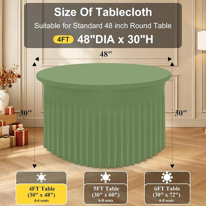 Smiry Round Spandex Tablecloth 2 Pack, Elastic Fitted Washable Tablecloths for 48 Round Tables, Waterpoof Stretch Table Cover Skirt for Outdoor, Wedding, Banquet & Parties, Sage Green