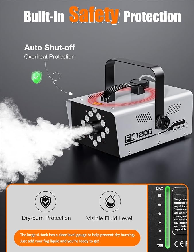 Fog Machine Outdoor Indoor 1200W, 6000CFM Smoke Machine with 12 LED Lights, 13 Colors & 4 Effects, Dual Wireless Remotes & Auto Fogger for Halloween, Parties, DJ, Stage, Wedding Events