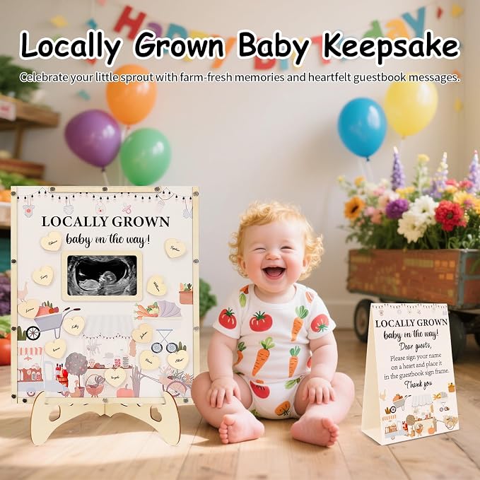 Locally Grown Baby Shower Decorations,Farmers Market Baby Shower Guest Book Alternatives with Pumpkin Pen,Photo Frame and 60 Heart Wood Slices for 60 Guests,Gender Reveal Decorations