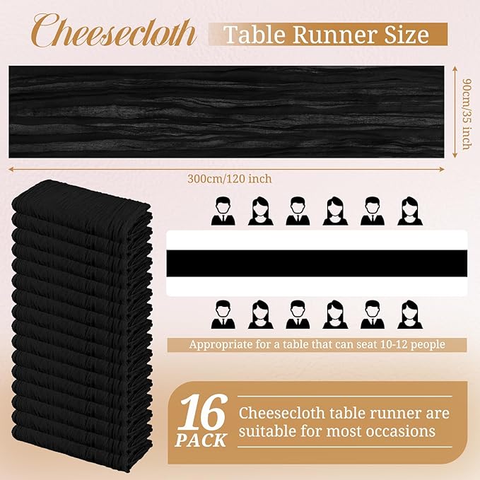 Pesonlook 16 Pack Black Cheesecloth Table Runner, 35x120 Inch Rustic Rippled Wedding Party Decoration