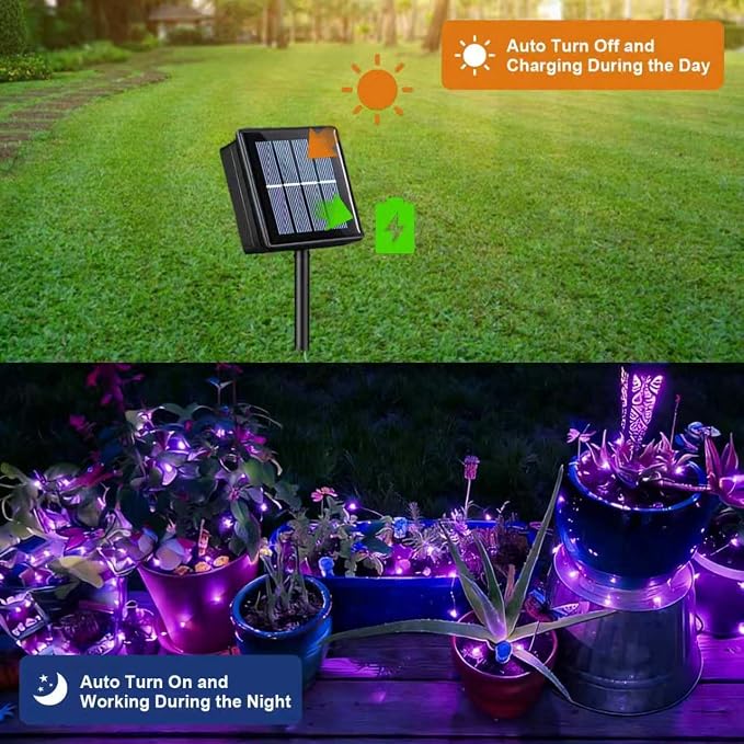 QITONG 4 Pack Solar Fairy Lights, Each 33ft 100 LED Purple Halloween String Light Outdoor Waterproof, 8 Modes Silver Wire Christmas Twinkle Mini Lights
