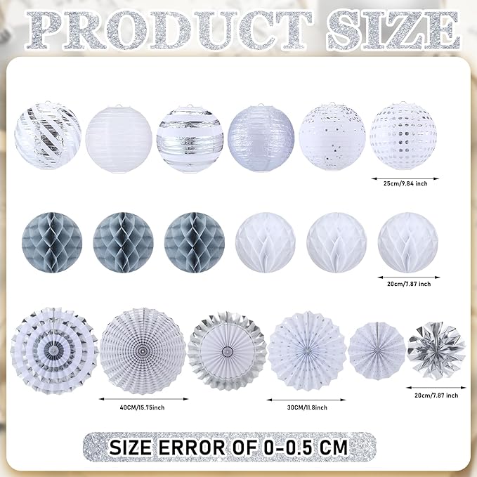 Retisee 18 Pcs Metallic Silver Party Decorations Kit Hanging Metallic Silver Paper Lanterns Paper Fans Honeycomb Balls for Birthday Anniversary Celebration Wedding Graduation Decoration Supplies