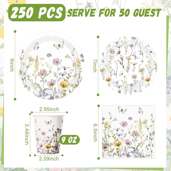 Ziliny 250 Pcs Wildflower Party Decorations Include Spring Summer Floral Paper Plates Napkins and Cups for Wildflower Baby Shower Tea Decorations, Serve 50 Guest(Light Color,Elegant Style)