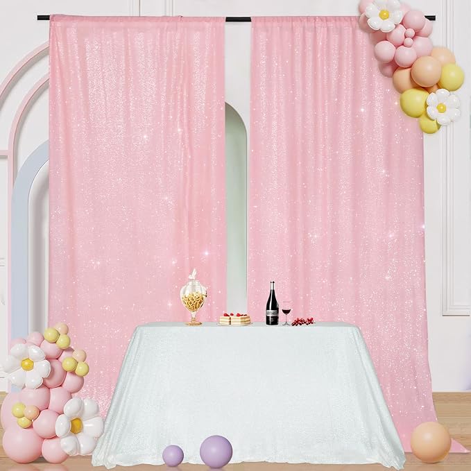 PartyDelight Pink Sequin Backdrop Curtains 5x10ft 2 Panels | 3mm stitched sequin curtain with 4 inch rod pocket for 5x10ft wide reception wall head table stage backdrop and event display