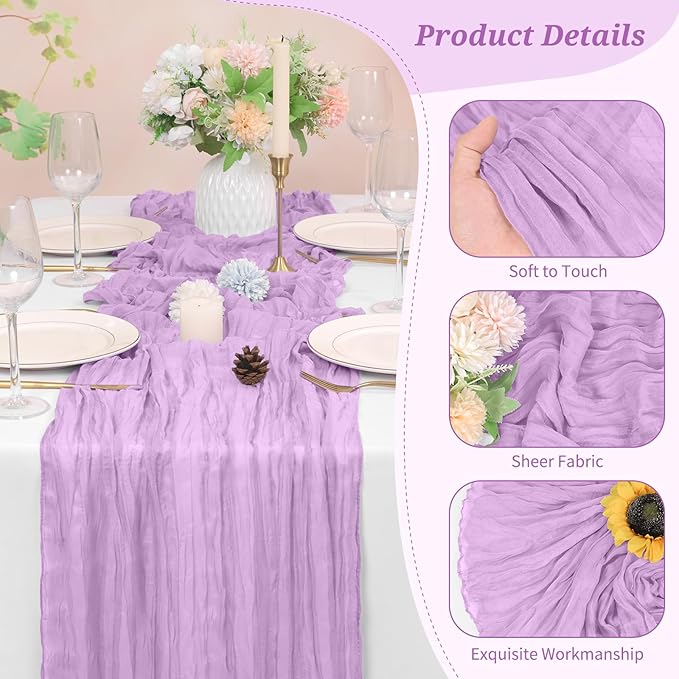 6 Pack Cheesecloth Table Runner Lavender 10Ft Rustic Boho Gauze Table Runner Romantic Long Sheer Fabric Cheesecloth Table Runner for Wedding Festival Birthday Anniversary Dinner Outdoor Events