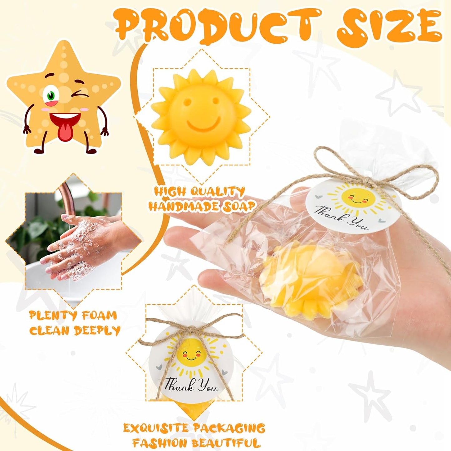 Demissle 20 Pcs Sun Soap Baby Shower Favors for Sunshine Party Here Comes the Son Baby Favors Mini Handmade Soap Gifts with Thank You Card for Guest Gender Reveal Party Decor(Yellow)
