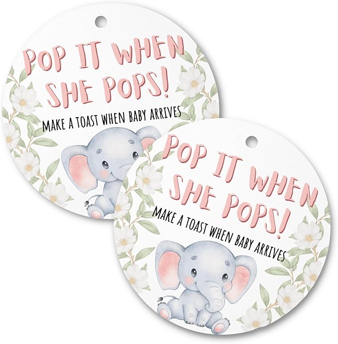 Pop It When She Pops Elephant Tags | 30 pk, 2.5” Blue Woodland Animals Labels for Champagne Bottles Pink Bubbly Labels for Mini Bottles Baby Shower Favor