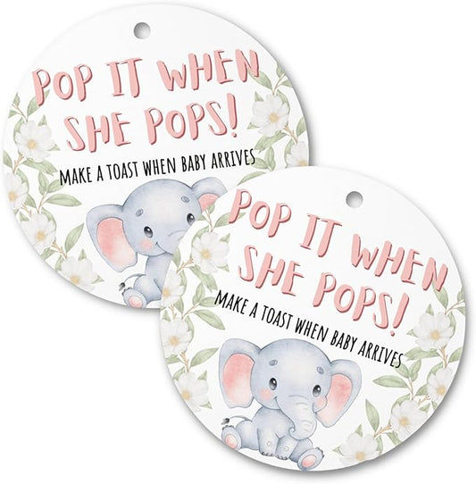 Pop It When She Pops Elephant Tags | 30 pk, 2.5” Blue Woodland Animals Labels for Champagne Bottles Pink Bubbly Labels for Mini Bottles Baby Shower Favor