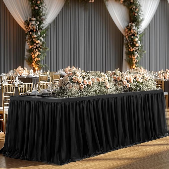 2 Pack Black Tulle Tablecloth Table Skirt for 6 Foot Rectangle Tables Birthday Table Cloths Ruffle Tutu Table Skirt Stretch Fitted Table Covers for Party Wedding Reception Baby Shower Banquet Decor