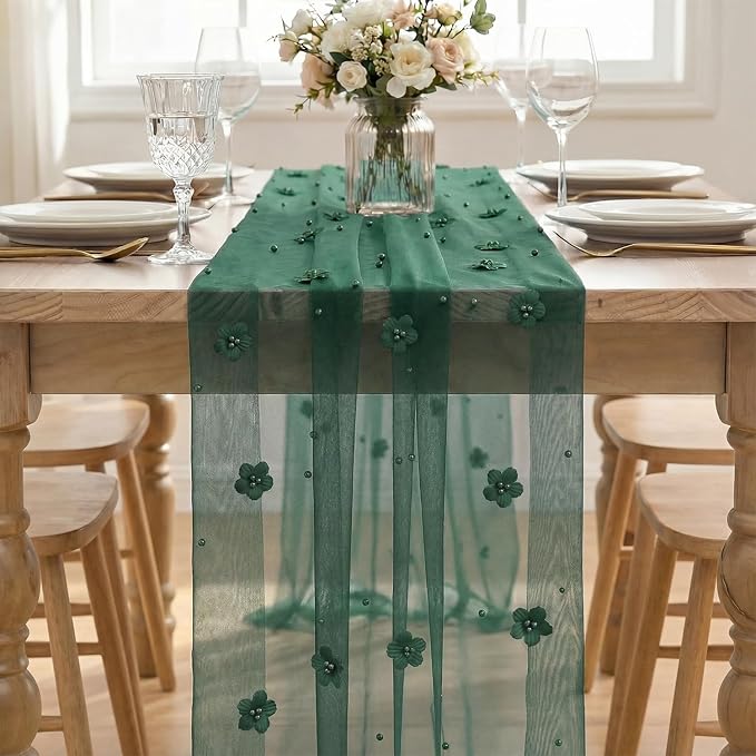 Artoid Mode Green Flower Pearl Green Gauze Table Runner 10FT, Seasonal Sheer Dining Holiday Wedding Birthday Baby Shower Table Decor for Home Party