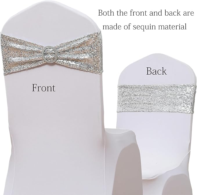 Pack of 50 Spandex Sequins Chair Sashes Silver Chair Bands with Buckles, Chairs Bows Ties for Party Wedding Fiesta Decor - Sequin Silver Chair Sash
