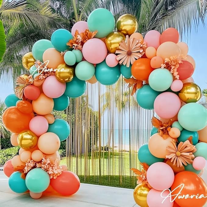 Pastel Balloon Arch Garland Kit Double Stuffed Pink Orange Teal Blue Green Balloons Light Baby Pink Peach Gold Colorflul Balloon for Tropical Flamingo Hawaiian Birthday Baby Shower Party Decorations