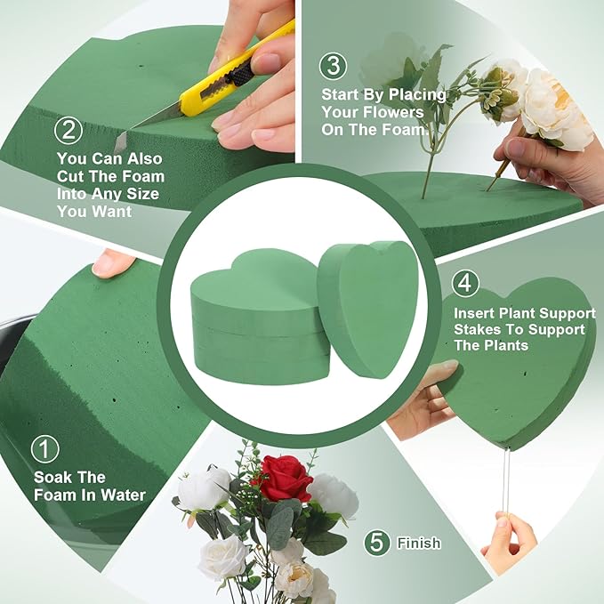 Pangda 6 Pcs Heart Shaped Floral Foam Wet Florist Foam Blocks with 12 Pcs Clear Plant Support Stakes DIY Flower for Wedding Bridal Shower Anniversary Party Table Centerpiece Decoration, 8"x 8" x 1.47"