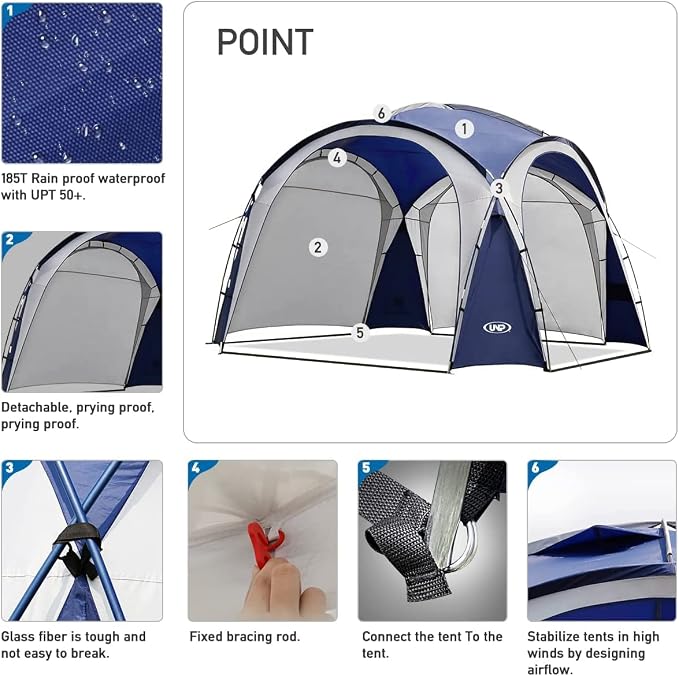 UNICAMPER Beach Tent 12 X 12ft Large UPF50+ Pop Up Canopy with 2-Pcs Side Wall, Sun Shelter Rainproof, Waterproof for Camping Trips, Backyard Fun, Fishing, Parties, Or Picnics(Navy Blue)