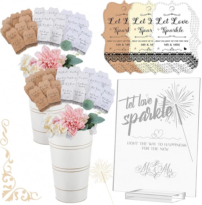 Henoyso 153 Pcs Wedding Send Off Set, 150 Lace Wedding Tags, 2 Pack 12.2 Inch Galvanized Metal Buckets, 1 Acrylic Send Off Sign with Stand for Party Decorations(White)