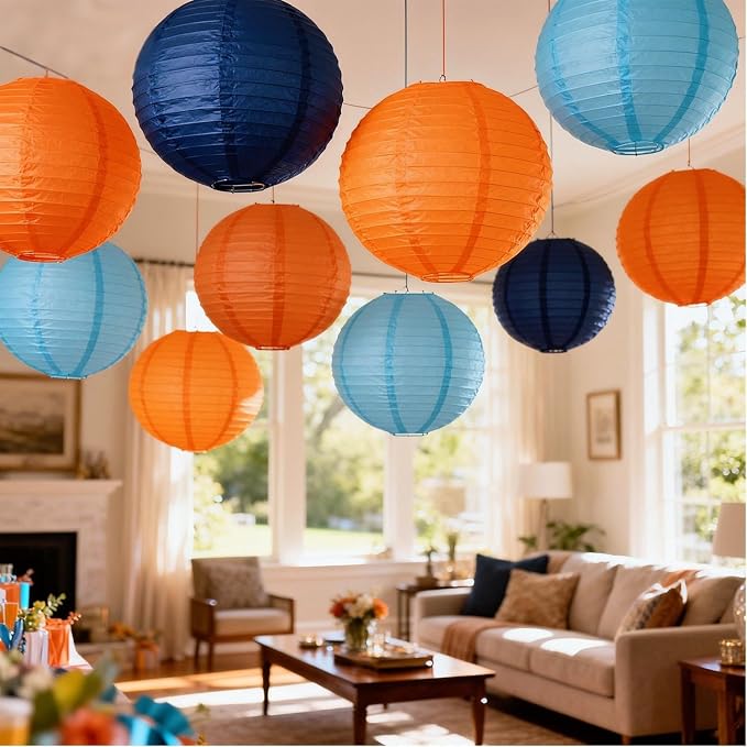 Orange and Blue Paper Lanterns 12Pcs Hanging Lantern for Birthday Party, Wedding, Home Decor, Baby Shower Festive Decoration