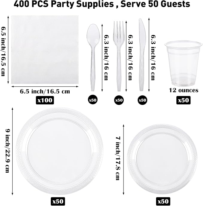 Aodaer 400 Pieces Clear Party Supplies Disposable Dinnerware Set Include Plastic Plates Cups Knives Forks Spoons Paper Napkins for Birthday Wedding Graduation Parties, Serve 50 Guests