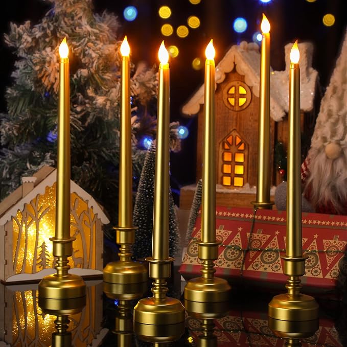 Fumete 16 Pcs Flameless Candles with Gold Base Battery Powered Taper Candles Battery Operated LED Candlesticks for Party Home Wedding Dinner Decorations