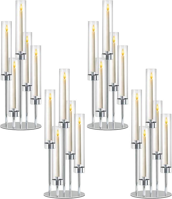 5-Arm Black Metal Table Candelabra Centerpiece, 22" Tall Clear Candlesticks Holder with Shade for Valentines Day Events Party Table Centerpiece,Fit LED Candles (4, Silver, S-22in)