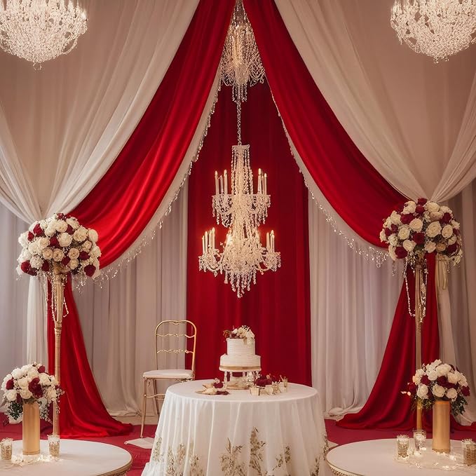 DUOBAO Chiffon Ceiling Drapes 20ft Red Wedding Backdrops 4 Panels 5×20ft Sheer Backdrop Curtains for Reception Wedding Ceremony Dark Red Sheer Arch Drapes Fabric Event Party Supplies