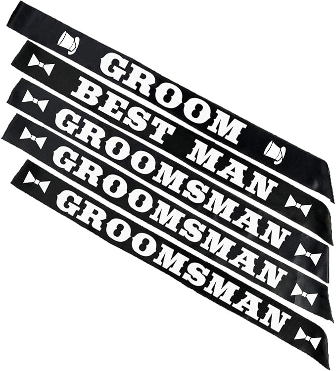 Groom Wedding Party Sash Bundle, Groom (x1), Best Man (x1), Groomsman (x3) Bachelor Bridal Shower Supplies Decorations Favors Gifts Black Sashes White Letters Kit Accessories Decor - Set of 5