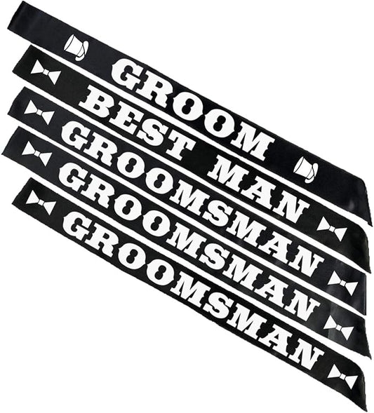 Groom Wedding Party Sash Bundle, Groom (x1), Best Man (x1), Groomsman (x3) Bachelor Bridal Shower Supplies Decorations Favors Gifts Black Sashes White Letters Kit Accessories Decor - Set of 5