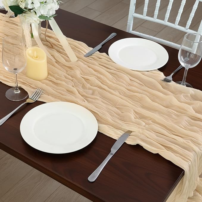 8 Pack Sand Cheesecloth Table Runner 120 Inch 10FT Beige Gauze Cheese Cloth Champagne Runner for Wedding Decoration, Boho Decor, Retro Decoration