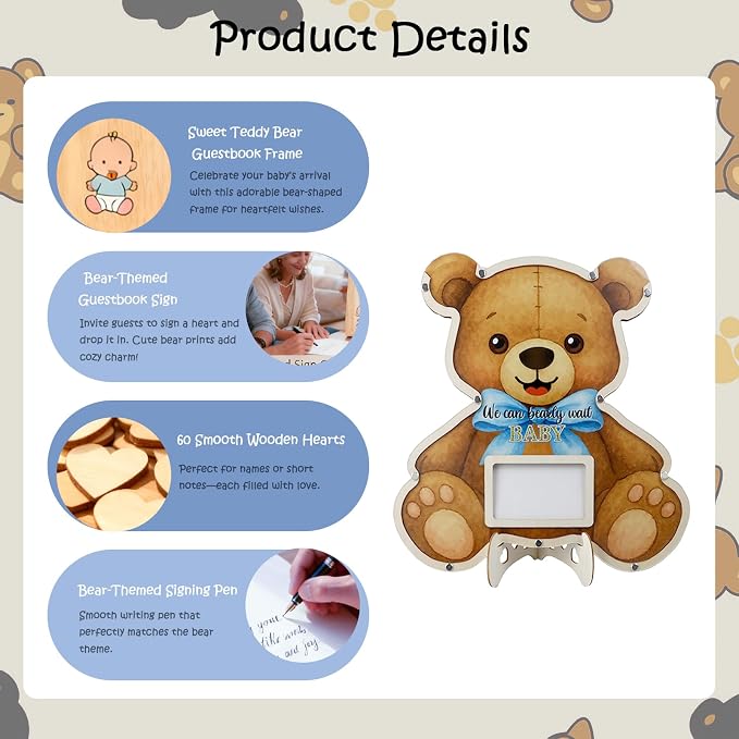 Teddy Bear Baby Shower Decorations,We Can Bearly Wait Baby Shower Guest Book Alternatives with Bear Pen,Photo Frame and 60 Heart Wood Slices for 60 Guests,Gender Reveal Decorations