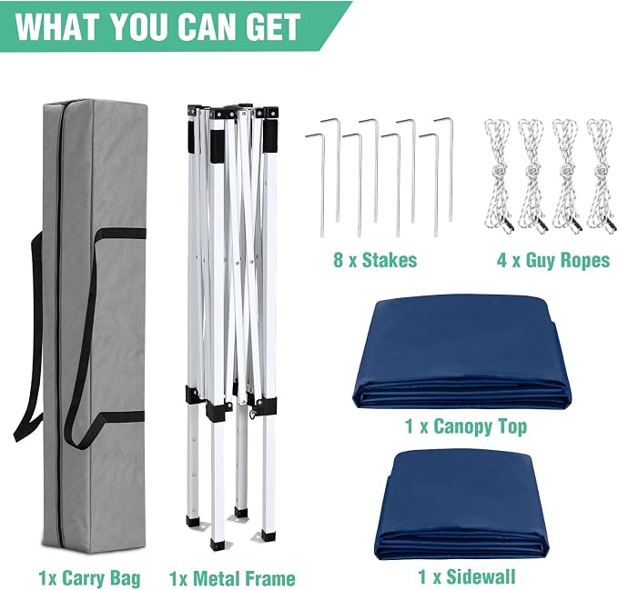 5x5 Pop Up Canopy Tent with One Sidewall, Instant Portable Beach Canopy, Outdoor Tent with Carry Bag for Camping, Sports, Tailgating, Events, Dark Blue