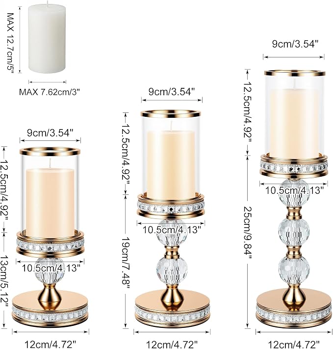 10" Tall Hurricane Candle Holder, Pillar Candle Holders with Glass Sleeve with Gift Box, Crystal Candle Stands for Home Warming, Weddiing, Dining Room Decor, Table Centerpiece (2, Gold, S)