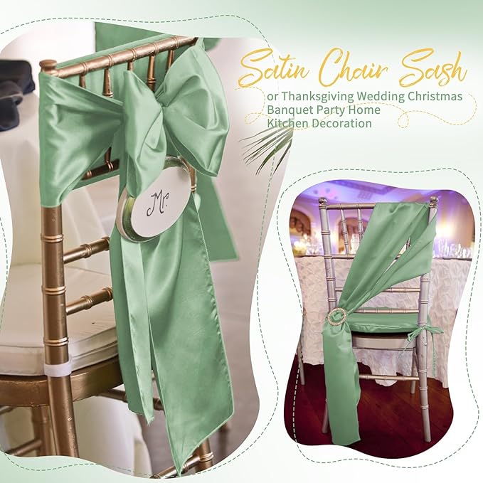 60 PCS Sage Green Satin Chair Sashes, Ties Bows Designed Chairs Decorative, Chair Cover Sashes for Thanksgiving Wedding Christmas Banquet Party Home Kitchen Decoration (7 x 108 inch)
